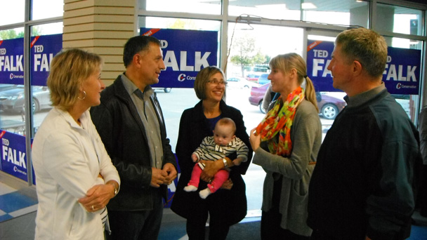 Ted Falk visits with supporters